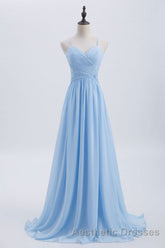 Blue Pleated Straps Chiffon Long Bridesmaid Dresses